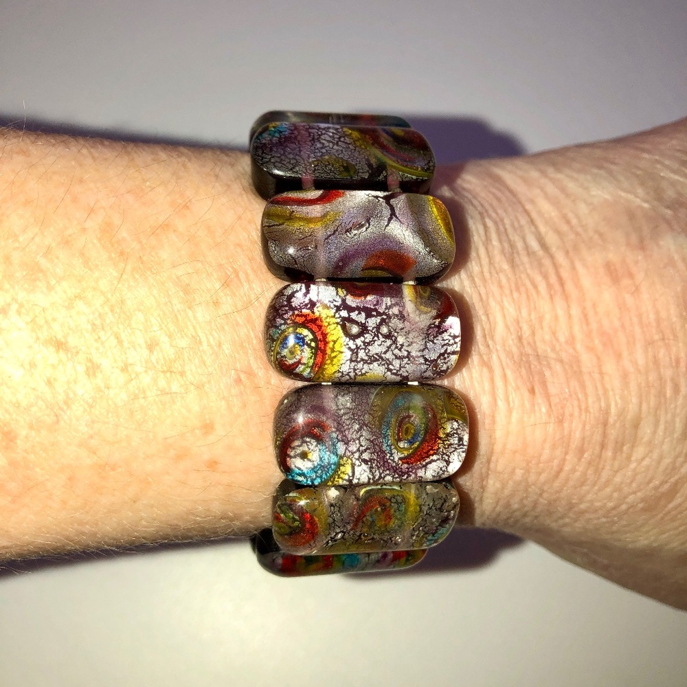 HANDMADE Glass Millefiori Lampwork Bead Beaded Stretch Bracelet w/ Silver Foil